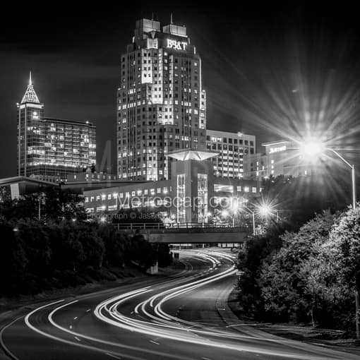 Matte Black WOOD Framed Black and White Raleigh Photograph: The Raleigh Skyline on McDowell in a Square Matte Black Wood Frame