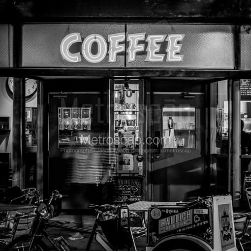 Matte Black WOOD Framed Black and White Raleigh Photograph: The Coffee Shop on Hargett in a Square Matte Black Wood Frame