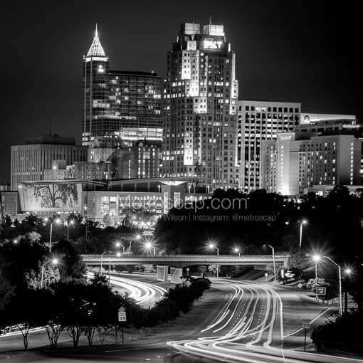 The Raleigh Skyline at Night -- Raleigh Black and White Photos