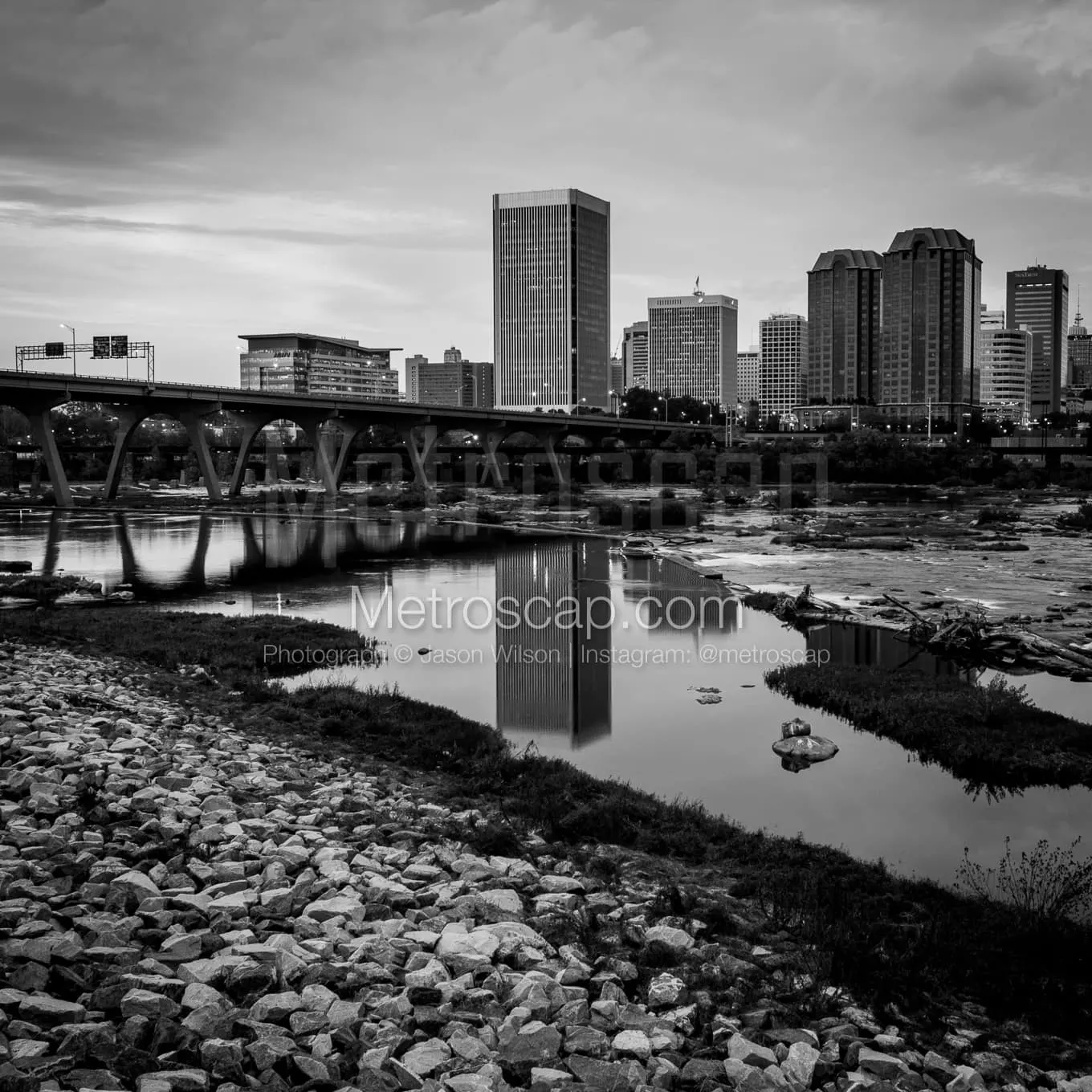 Downtown Richmond Virginia Skyline At Night Black & White Wall Art