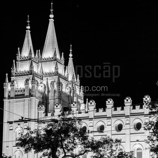 The LDS Temple at Night -- Salt Lake City Black and White Photography