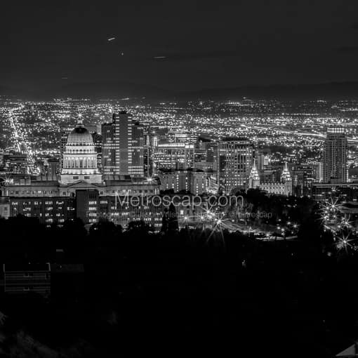 The Salt Lake City Skyline at Night -- Salt Lake City Black and White Photography