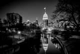 Horizontal The Tower Life Building and San Antonio River black and white Photos