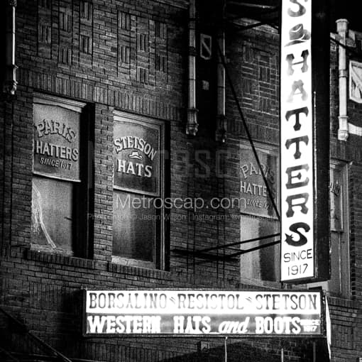 Paris Hatters at Night -- San Antonio Black and White Photos