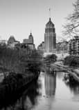 Vertical The San Antonio Skyline at Dusk over the San Antonio River Framed Photos