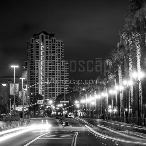 San Diego Harbor Drive at Night -- San Diego Black and White Photos