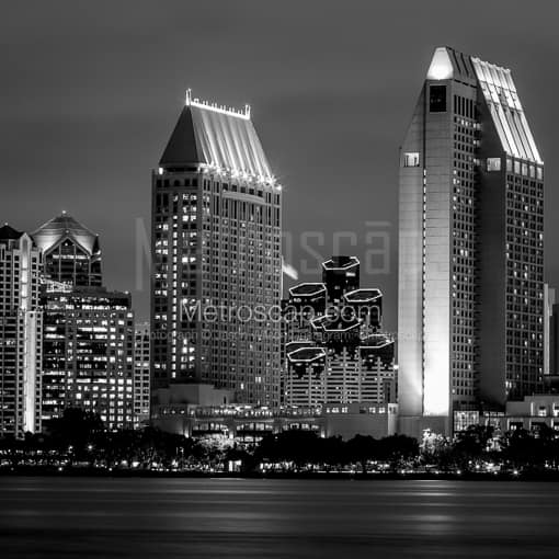 The San Diego Skyline at Night -- San Diego Black and White Photos