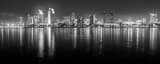 Panoramic The San Diego Skyline from Coronado Island at Night black and white Photographs