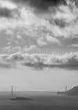 Vertical The Golden Gate Bridge and Alcatraz in the San Francisco Bay black and white Photos