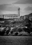 Vertical Alcatraz Island in the San Francisco Bay black and white Photos