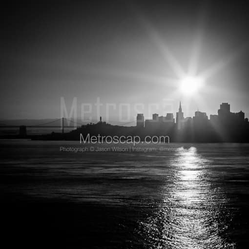 A Back-lit Bay Bridge and San Francisco Skyline at Dawn -- San Francisco Black and White Photos