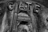 Horizontal The Bronze Golden Gate Plaque on the GG Bridge black and white Photos