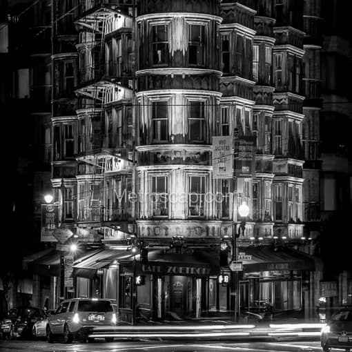 Cafe Zoetrope at Columbus Drive and Kearny at Night -- San Francisco Black and White Photos