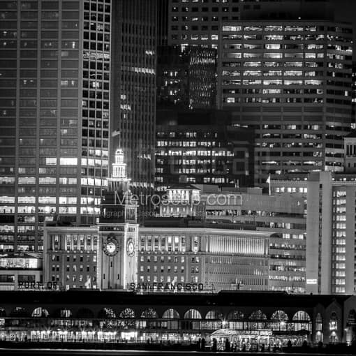 The Ferry Building at Night -- San Francisco Black and White Photos