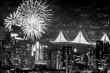 Horizontal Super Bowl 50 Celebration and Bridge Lighting Fireworks black and white Photos