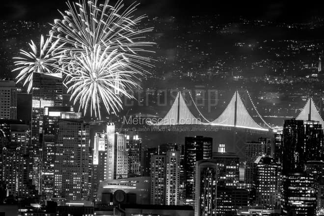 Super Bowl 50 Celebration and Bridge Lighting Fireworks -- San Francisco Black and White Photos