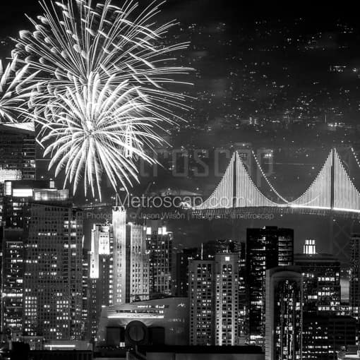 Super Bowl 50 Celebration and Bridge Lighting Fireworks -- San Francisco Black and White Photos
