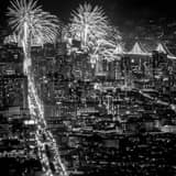 Square Fireworks over the San Francisco Skyline at Night black and white Photos