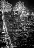 Vertical Fireworks over the San Francisco Skyline at Night black and white Photos