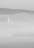 Vertical A Small Sailboat under Fog on the San Francisco Bay black and white Photos