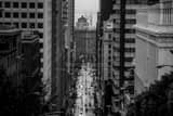 Horizontal A Foggy and Rainy view of California Street and Bay Bridge landscape black and white Photography