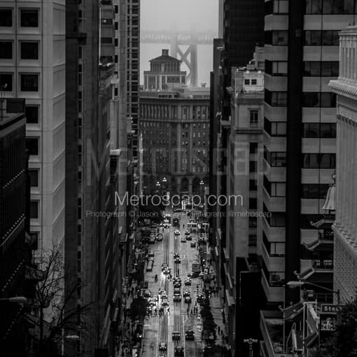 A Foggy and Rainy view of California Street and Bay Bridge -- San Francisco Black and White Photos