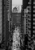 Vertical A Foggy and Rainy view of California Street and Bay Bridge landscape black and white Photography