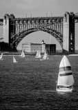 Vertical Fort Point and Sailboats on the San Francisco Bay landscape black and white Photography