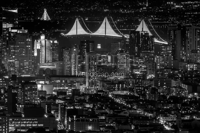 The Fully Illuminated Bay Bridge at Night -- San Francisco Black and White Photos
