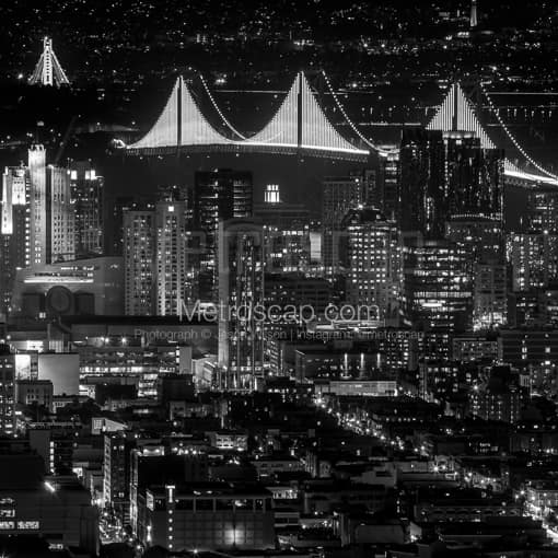 The Fully Illuminated Bay Bridge at Night -- San Francisco Black and White Photos
