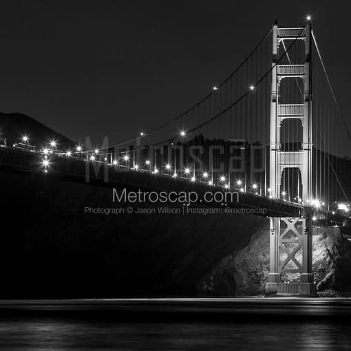 The Golden Gate Bridge and Marin Headlands at Night -- San Francisco Black and White Photos