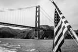 Horizontal The Golden Gate Bridge and US Flag black and white Photos