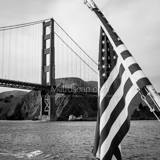 The Golden Gate Bridge and US Flag -- San Francisco Black and White Photos