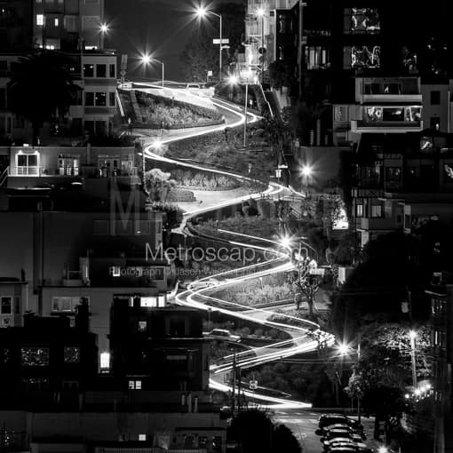 Lombard Street at Night -- San Francisco Black and White Photos