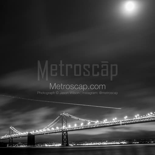 A Small Jet Approaches OAK Under a Full Moon -- San Francisco Black and White Photos
