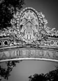 Vertical Sather Gate on UC Berkeley Campus black and white Photos
