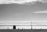 Horizontal A Seaplane Flys above the San Francisco Bay Bridge black and white Photos