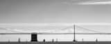 Panoramic A Seaplane Flys above the San Francisco Bay Bridge black and white Photos