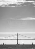Vertical A Seaplane Flys above the San Francisco Bay Bridge black and white Photos