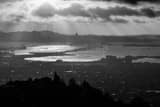 Horizontal Sun Rays over the San Francisco Bay landscape black and white Photography