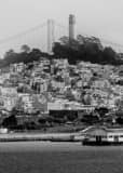 Vertical Telegraph Hill Coit Tower and the Bay Bridge black and white Photos