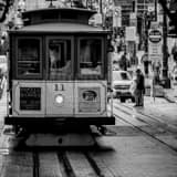 Square A Trolly Car at the Powell and Market Turnaround black and white Photos