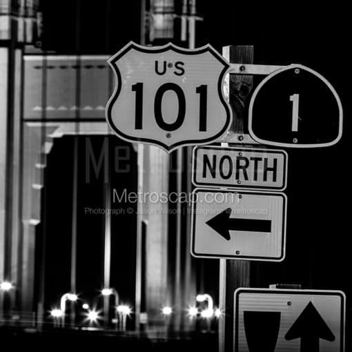 US 101 and California 1 North over the Golden Gate Bridge -- San Francisco Black and White Photos