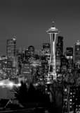 Vertical Downtown Seattle at Night landscape black and white Photography