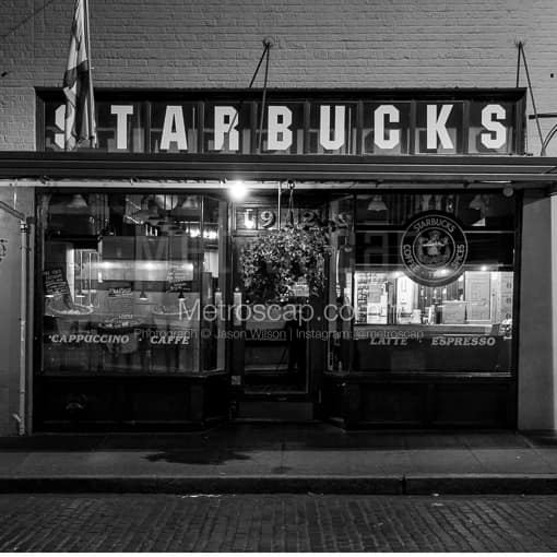 The Original Pike Place Market Starbucks -- Seattle Black and White Photography