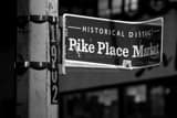 Horizontal Pike Place Market Historical District Sign landscape black and white Photography