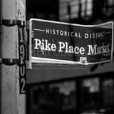 Square Pike Place Market Historical District Sign landscape black and white Photography
