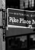 Vertical Pike Place Market Historical District Sign landscape black and white Photography