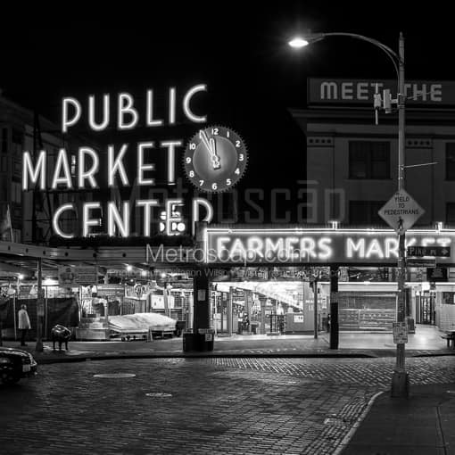Pike Place Public Market at Night -- Seattle Black and White Photography