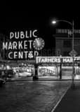 Vertical Pike Place Public Market at Night landscape black and white Photography